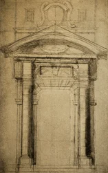 Architectonic sketch of a door surmounted by a coat of arms